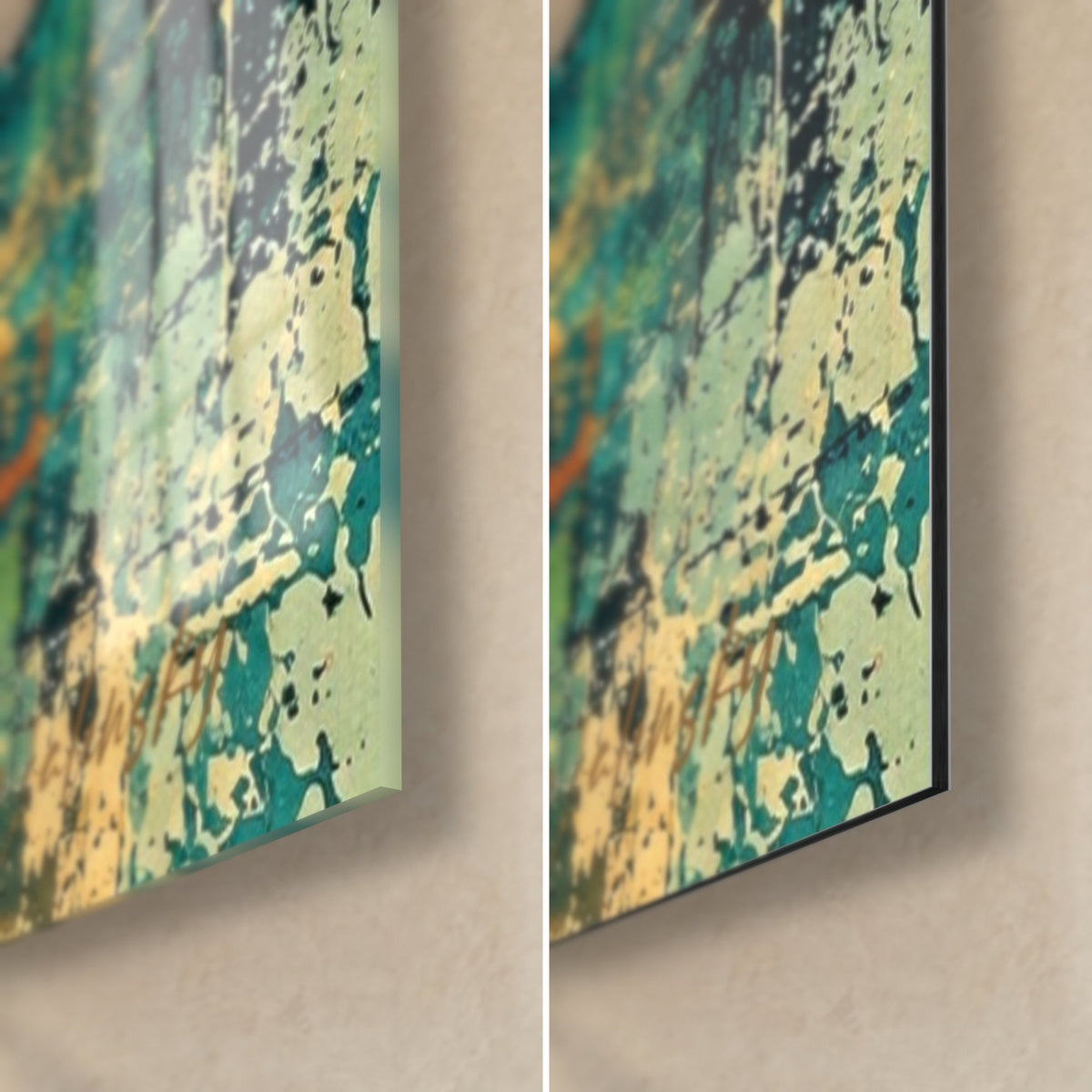 Schilderij badende man met ukelele, rechtsonder: glanzend glas links, mat Dibond rechts, muntgroen en oker, 3 mm dikte