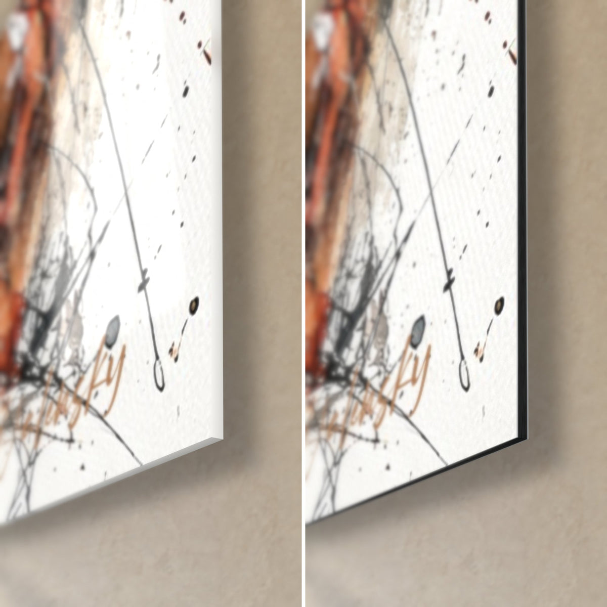 Tableau duo de ukulélés, coin bas droit : verre acrylique brillant et reflets à gauche, Dibond mat noir à droite, tranche de 3 mm