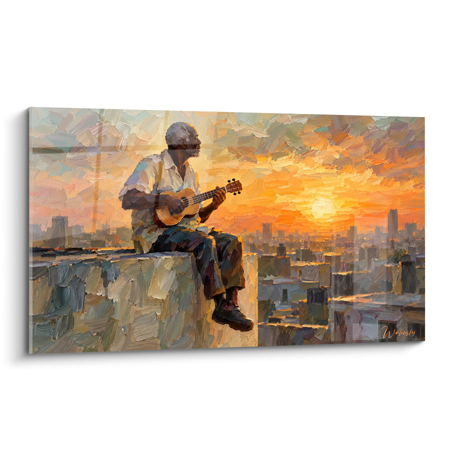 Tableau Homme assis jouant au coucher du soleil orangé - Mélodie du crépuscule - Edition Ukulélé