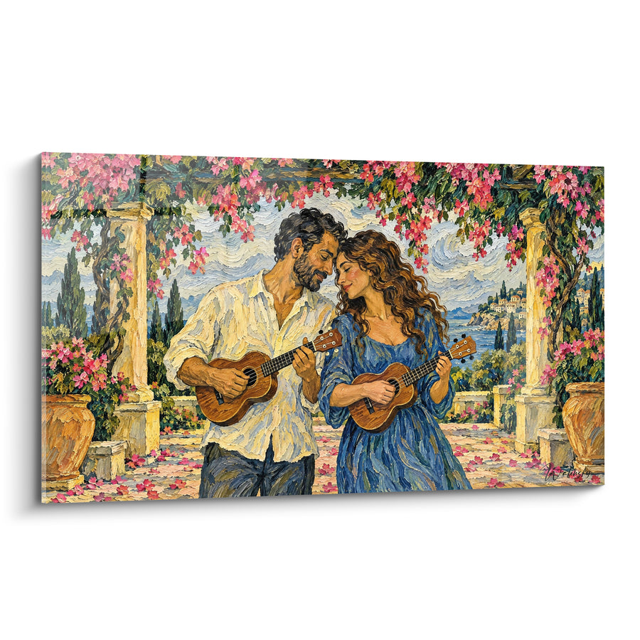 Tableau Couple sous une pergola fleurie rose - Sérénade amoureuse - Edition Ukulélé