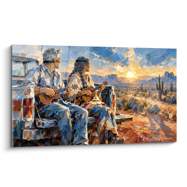 Tableau Camionnette bleue et ocre devant le désert - Cactus et montagnes lointaines - Edition Ukulélé