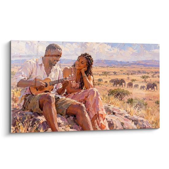 Tableau Couple savane ocre et rose devant éléphants - Sérénade au couchant - Edition Ukulélé