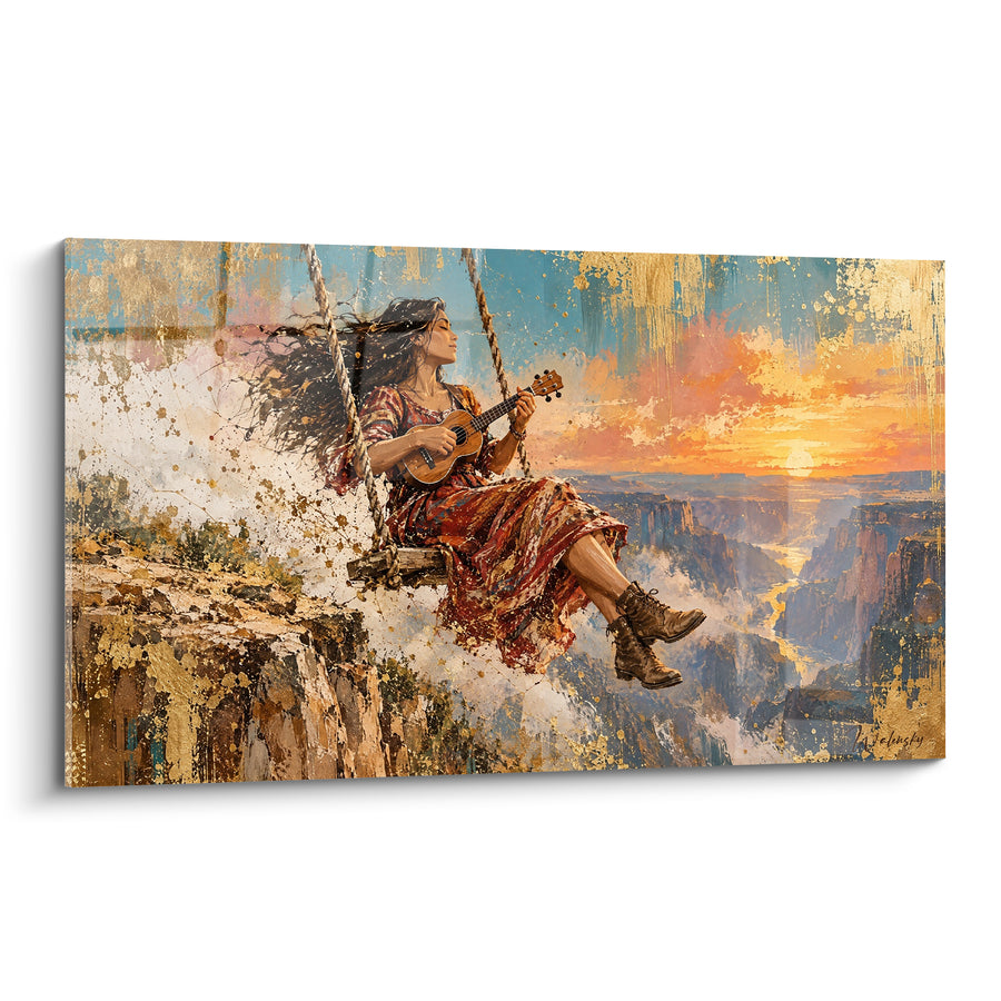 Tableau Femme balançoire canyon doré et terracotta - Envol au crépuscule - Edition Ukulélé