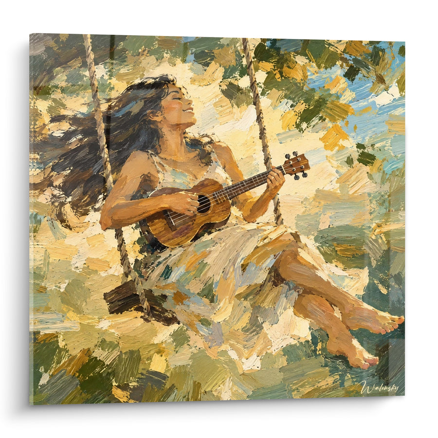 Tableau Femme dorée balançoire et musique - Envol joyeux - Edition Ukulélé