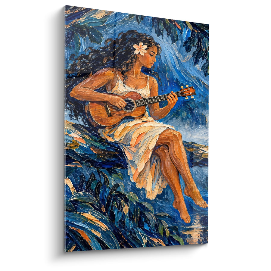 Tableau Femme bleu et ocre jouant assise - Mélodie tropicale - Edition Ukulélé