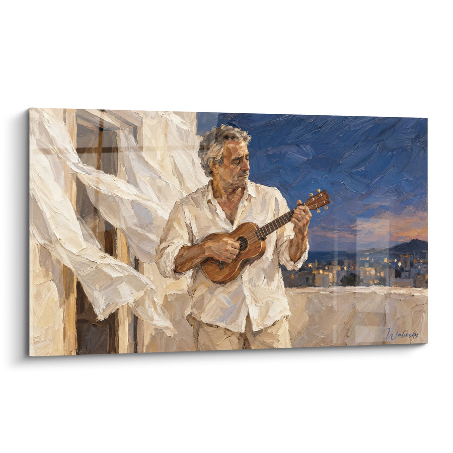 Tableau Homme au balcon jouant bleu et blanc - Sérénade du soir - Edition Ukulélé