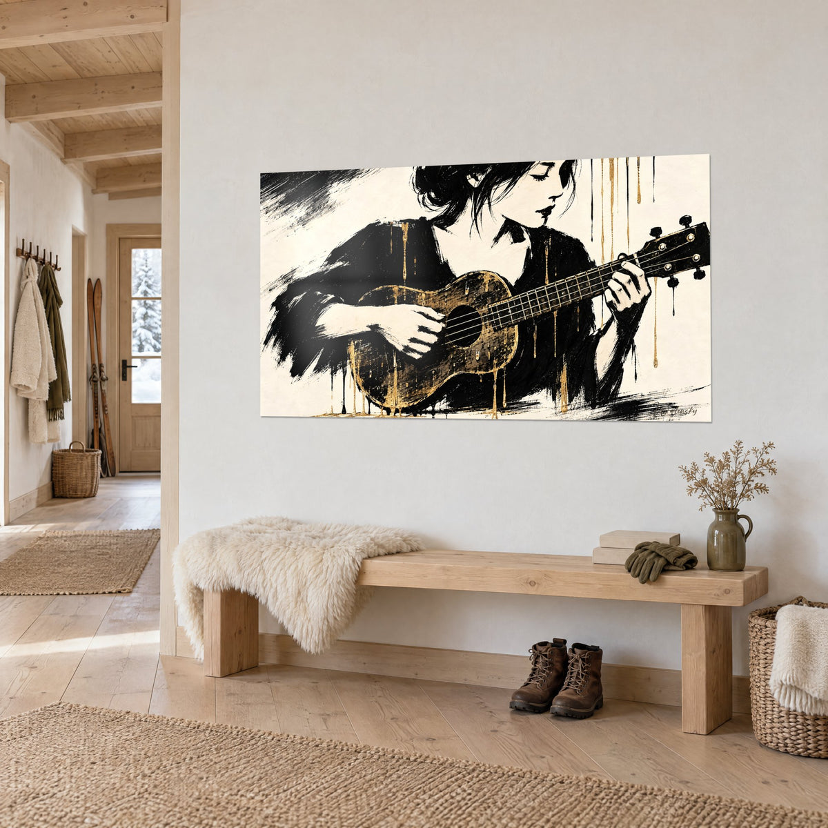 Tableau joueuse d'ukulélé au chignon sombre, traits de pinceau noirs et filets d'or sur ivoire, sur un mur de chalet près d'un banc