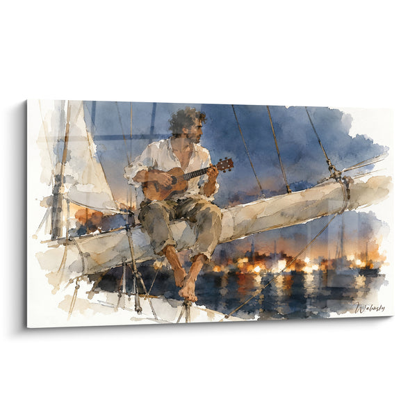 Tableau Marin bleu et ocre sur le mât - Sérénade au crépuscule - Edition Ukulélé