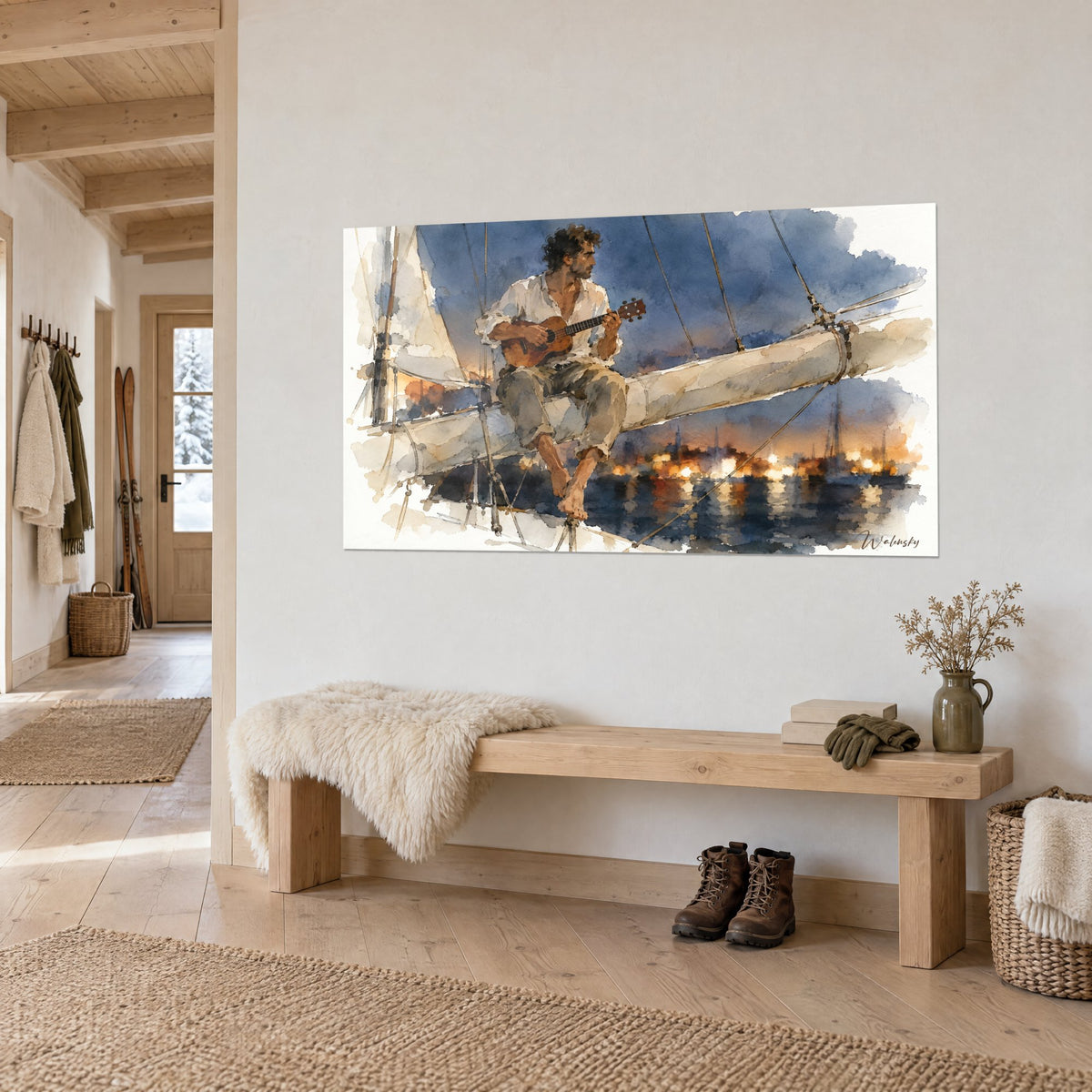 Tableau musicien aux boucles brunes grattant son ukulélé, chemise blanche, ocre et bleu marine, entrée de chalet en bois