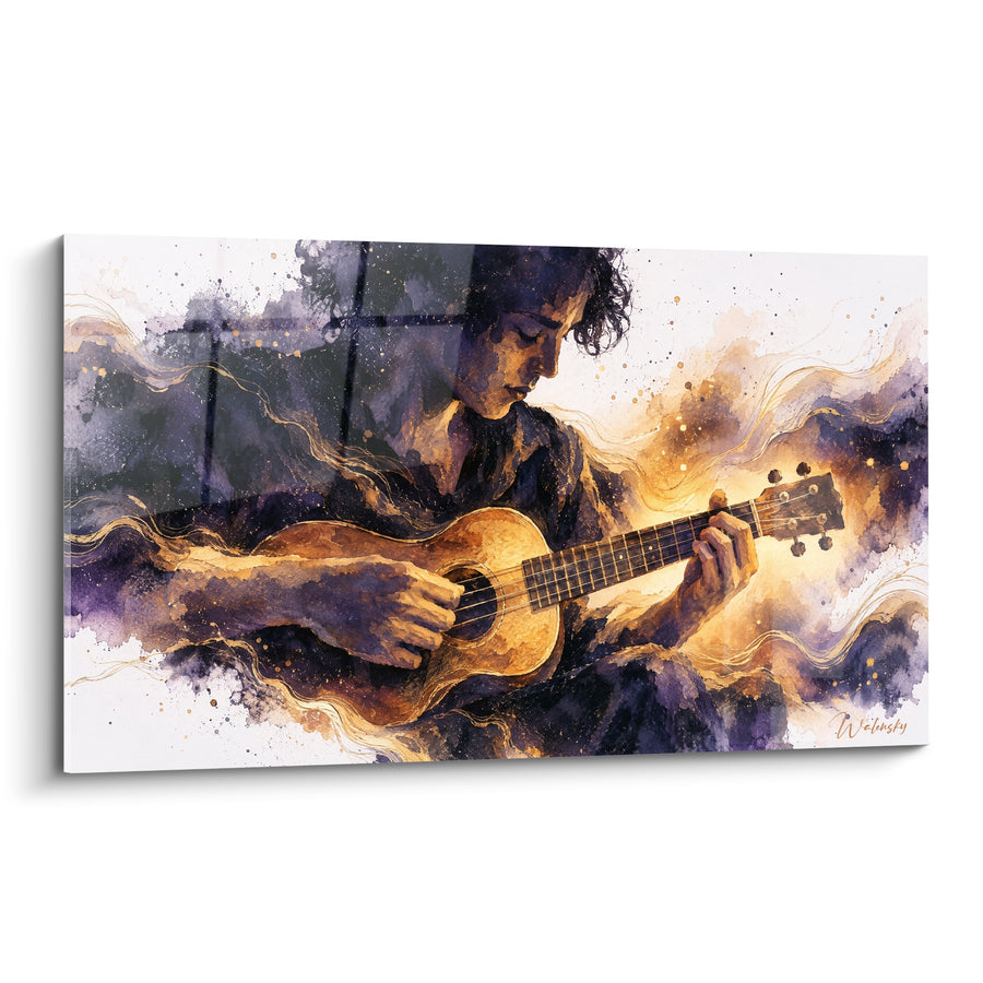 Tableau Fenêtre violette et dorée aux volutes d'encre - Cheveux bouclés penchés - Edition Ukulélé