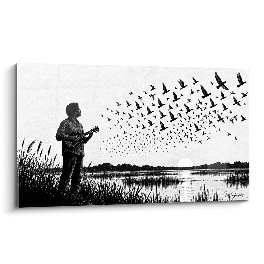 Tableau Musicien noir et blanc face aux oiseaux migrateurs - Nuée d'oiseaux au marais - Edition Ukulélé