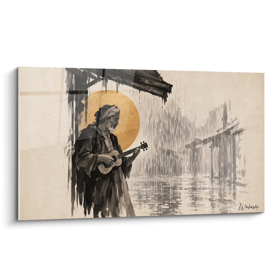 Tableau Musicien sous pluie dorée et grise - Mélodie sous la pluie - Edition Ukulélé