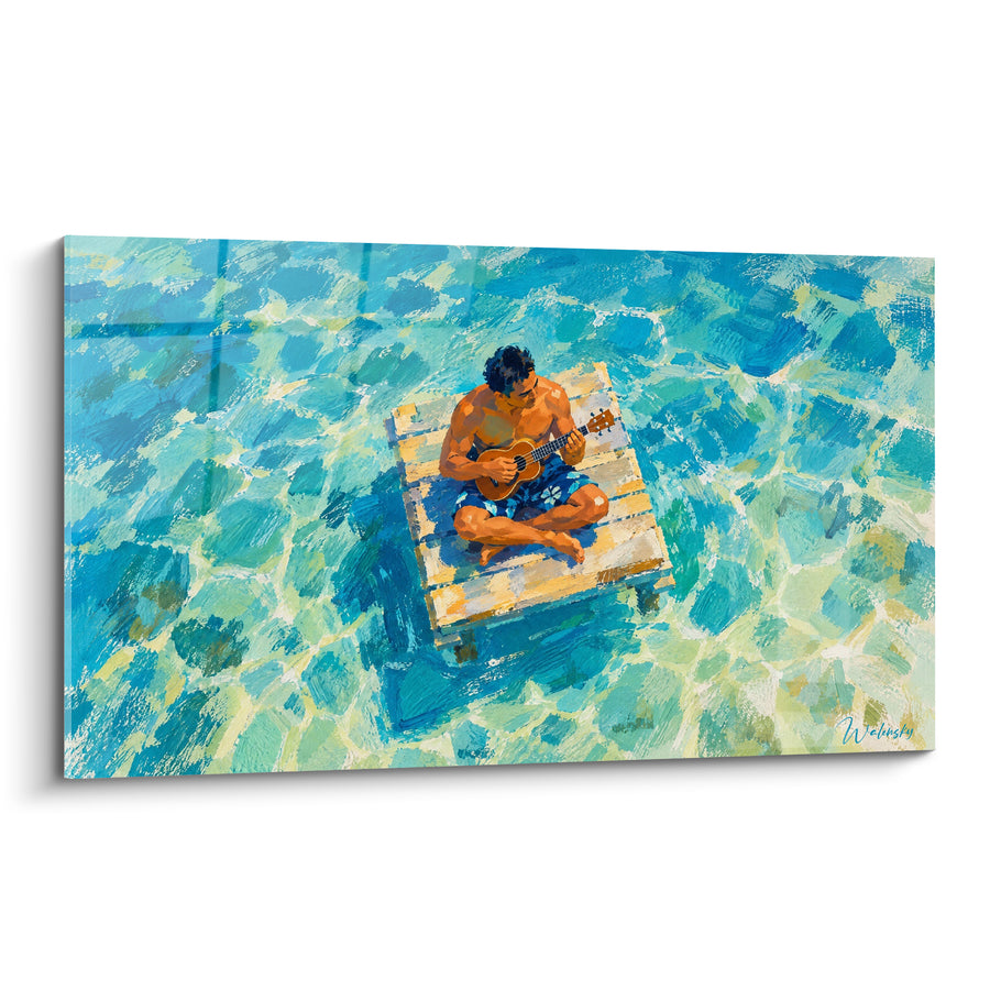 Tableau Radeau bois turquoise et vert vu du ciel - Short fleuri bleu - Edition Ukulélé