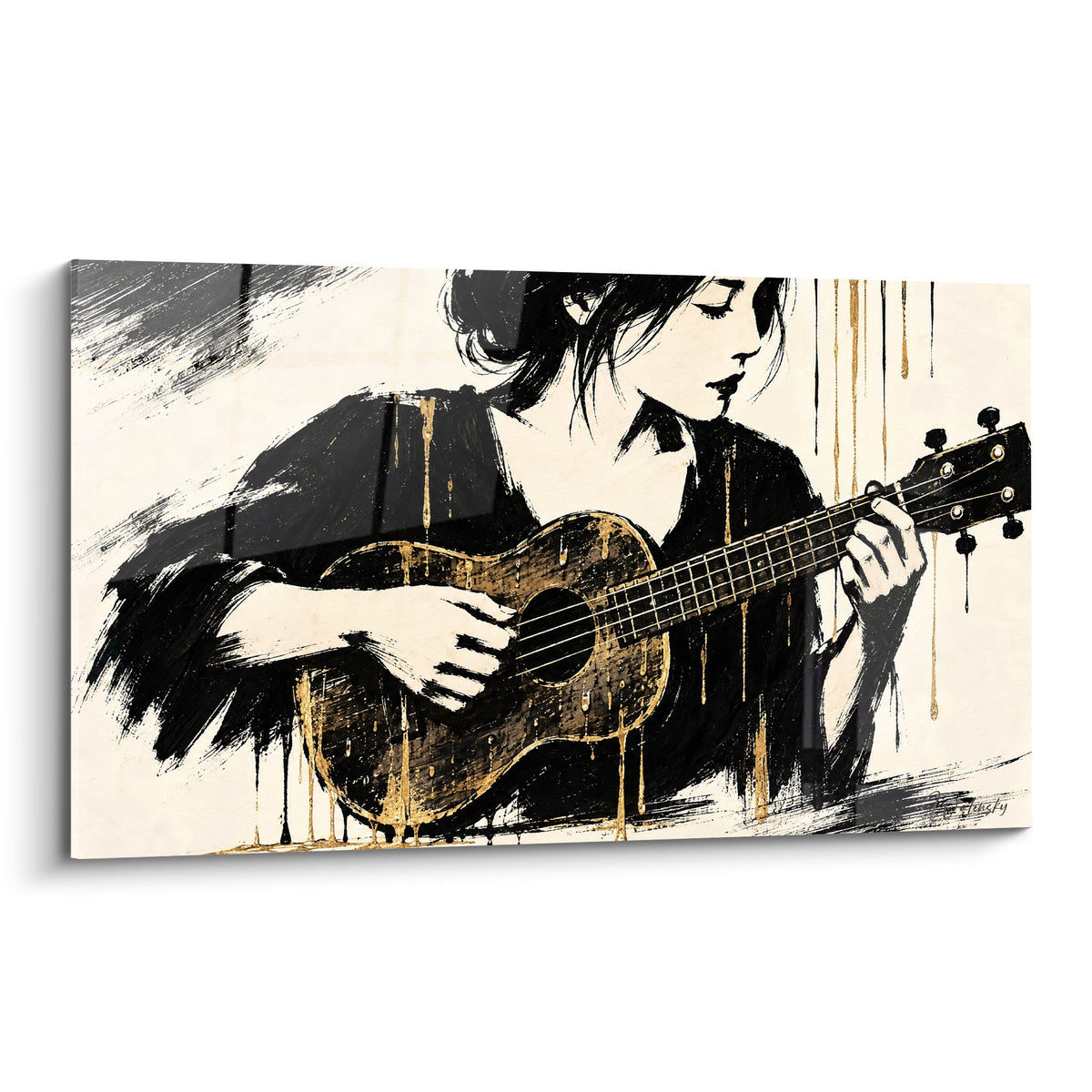 Tableau ukulélé joué par une musicienne aux coulures dorées sur fond ivoire et noir profond