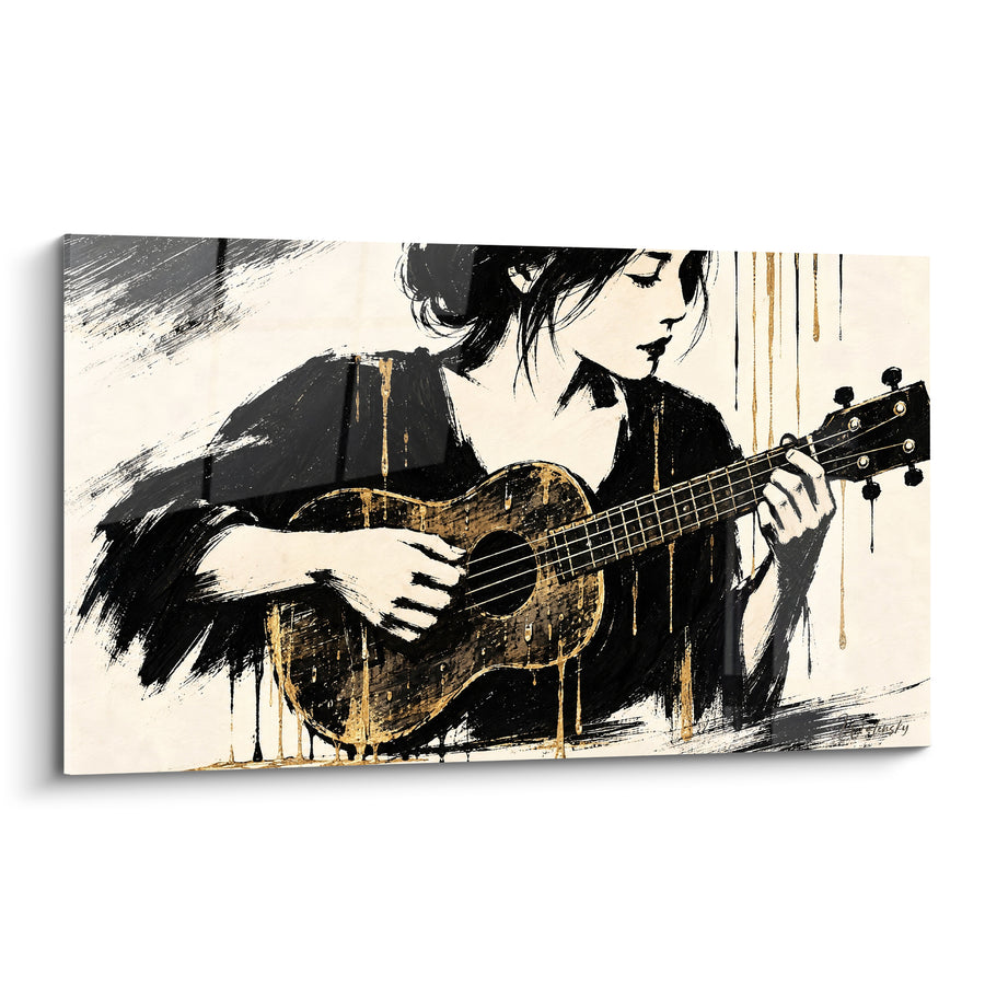 Tableau Musicienne aux coulures noires et dorées - Mélodie intérieure - Edition Ukulélé