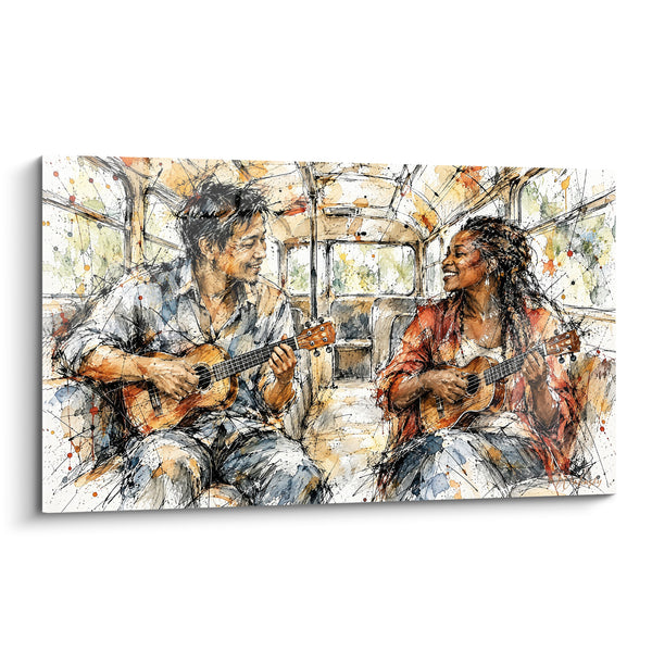 Tableau Duo de musiciens dans un autobus - Mélodie partagée - Edition Ukulélé
