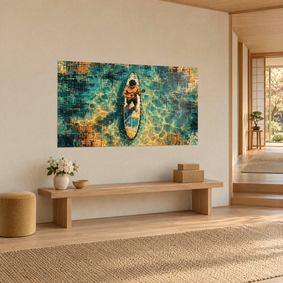 Schilderij muzikant met een miniatuurgitaar languit op een crèmekleurige plank, eendgroen en oranje water, muur van een japandi-gang