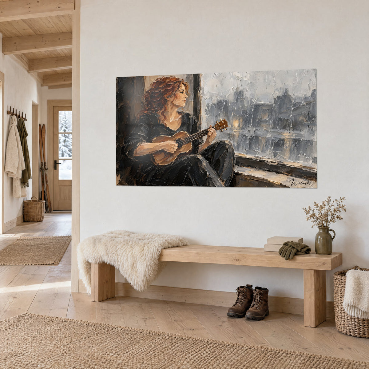 Tableau joueuse de ukulélé en pull noir, pluie grise sur la vitre, au-dessus d'un banc en bois du chalet