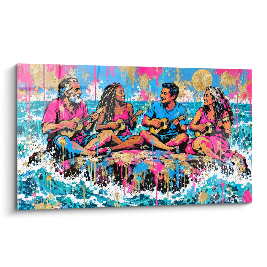 Tableau Quatuor jouant du ukulélé sur un rocher - Rires entre amis - Edition Ukulélé