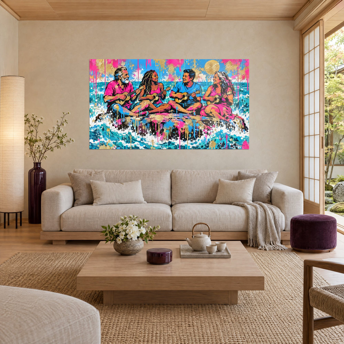 Tableau quatuor d'amis riant avec leurs ukulélés, rose fuchsia et turquoise, coulures dorées, au-dessus d'un canapé dans un salon lumineux