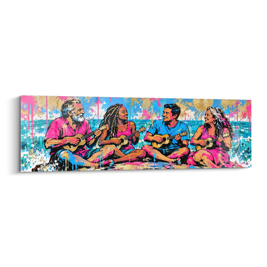 Tableau Quatuor assis rose et bleu - Chant entre amis - Edition Ukulélé
