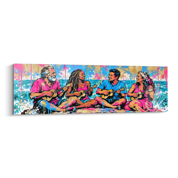 Tableau Quatuor assis rose et bleu - Chant entre amis - Edition Ukulélé
