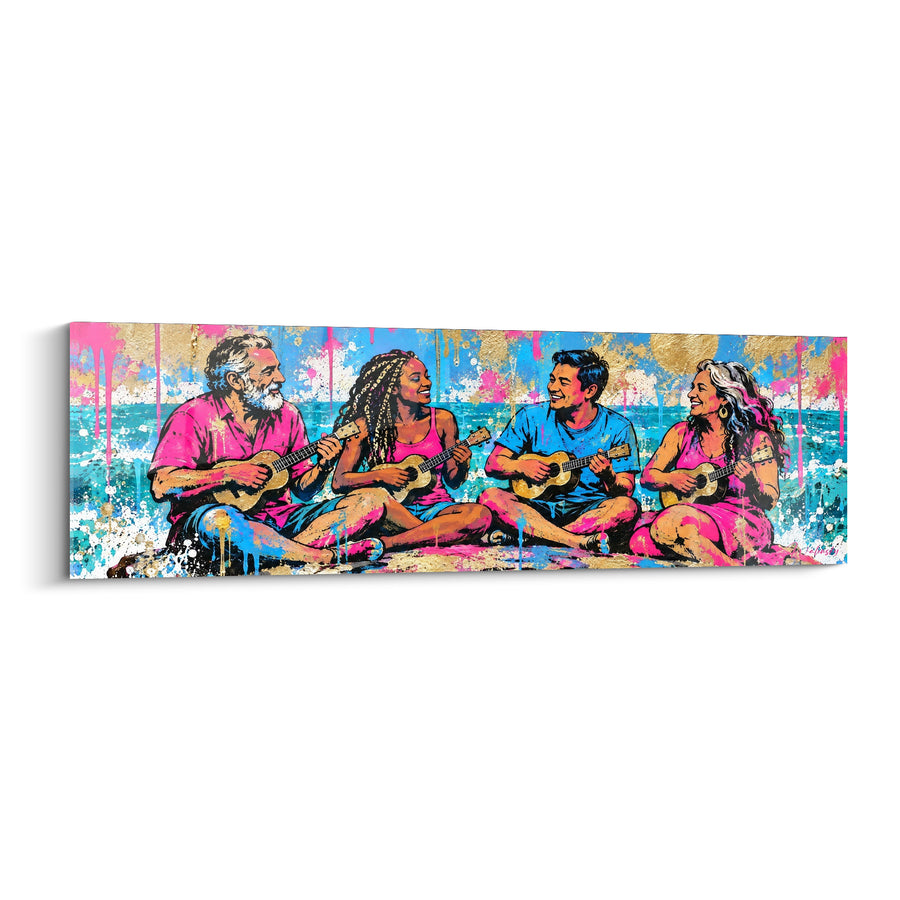 Tableau Quatuor assis rose et bleu - Chant entre amis - Edition Ukulélé