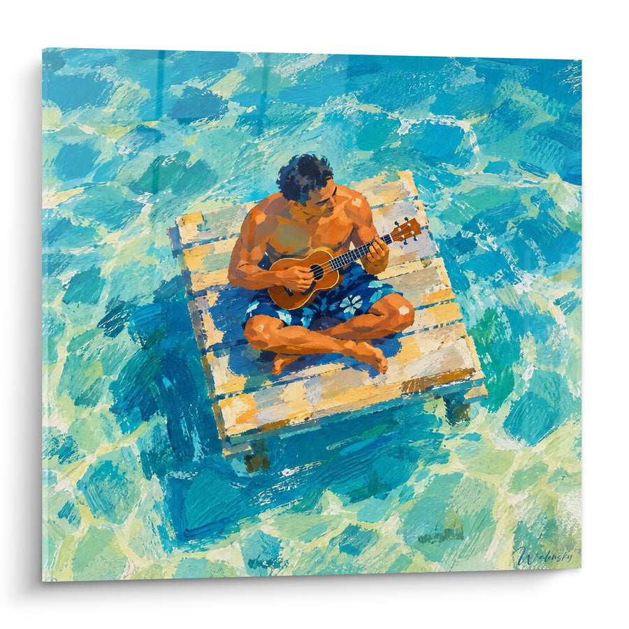 Tableau Musicien sur radeau en mer turquoise - Dérive mélodique - Edition Ukulélé