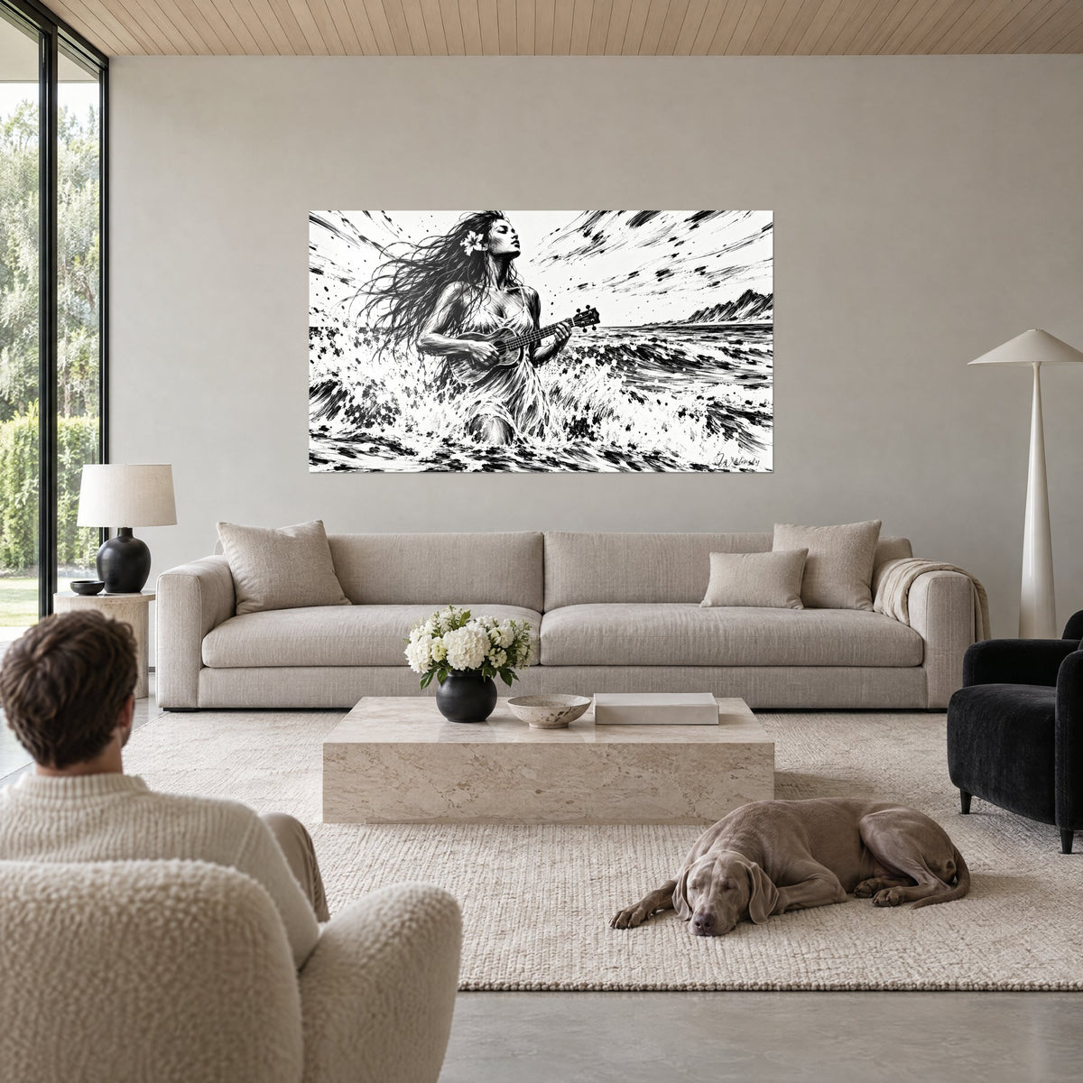 Tableau joueuse d'ukulélé dans l'écume, encre noire sur fond blanc, deux amis de dos, au-dessus d'un canapé dans un salon lumineux