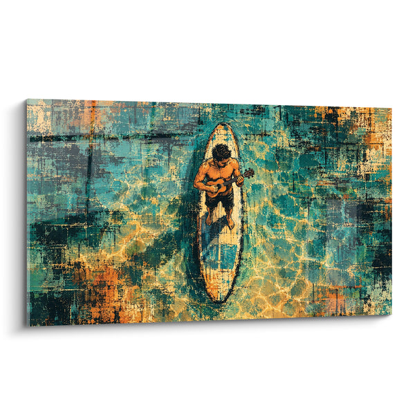 Schilderij Surfer turquoise en oker vanuit de lucht - Zwevend wit surfboard - Ukulele-editie