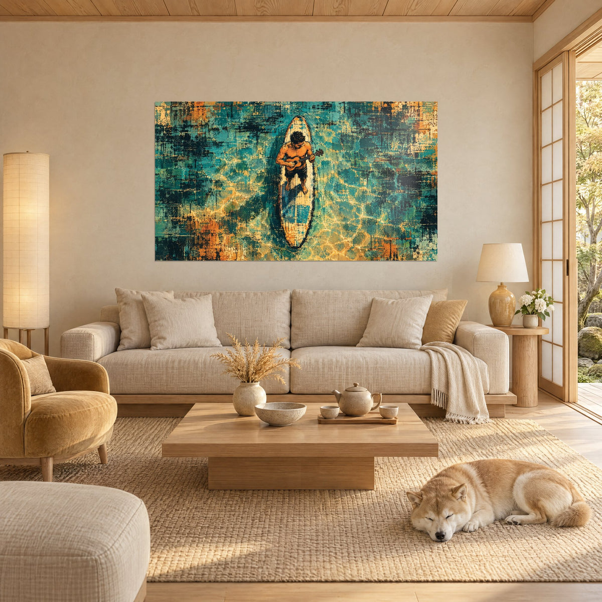 Schilderij shirtloze surfer die ukelele speelt op een ivoorkleurige plank, turquoise en okerkleurig water, boven een bank in een lichte woonkamer