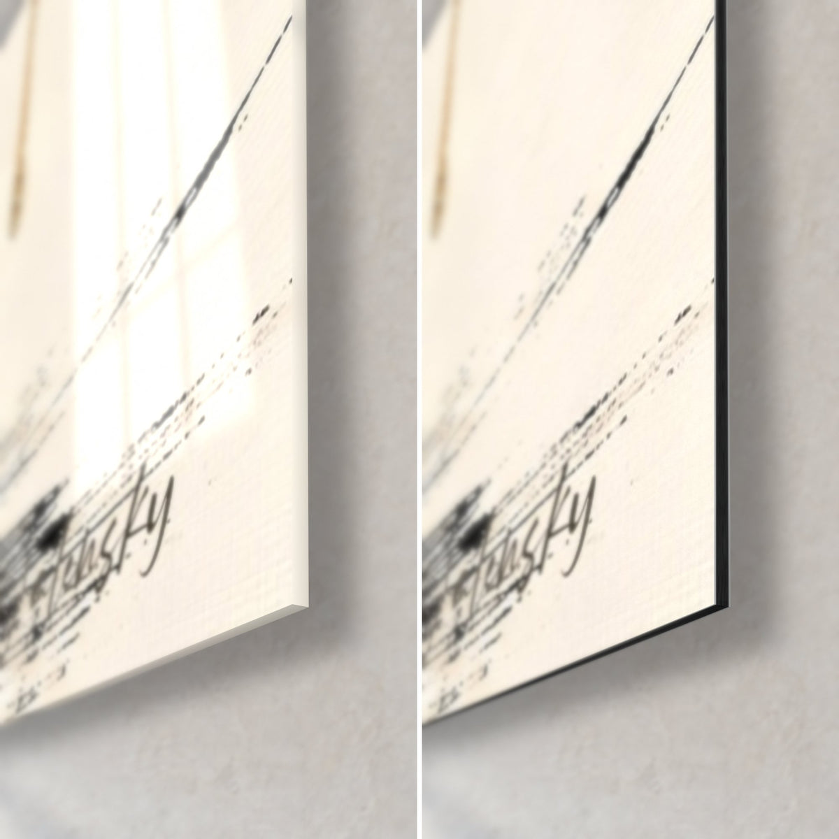 Tableau ukuléliste aux manches noires, coin bas droit : verre acrylique brillant à gauche, Dibond mat à droite, tranche noire de 3 mm