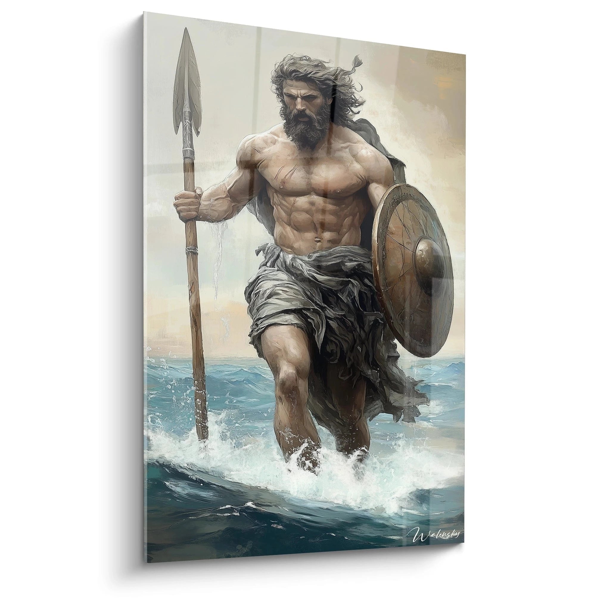 Un tableau Ulysse représentant un guerrier barbu musclé tenant lance et bouclier, avançant dans des vagues bleues turquoise. Les tons beiges du corps contrastent avec les drapés gris et l'eau écumante, créant une composition dynamique verticale.
