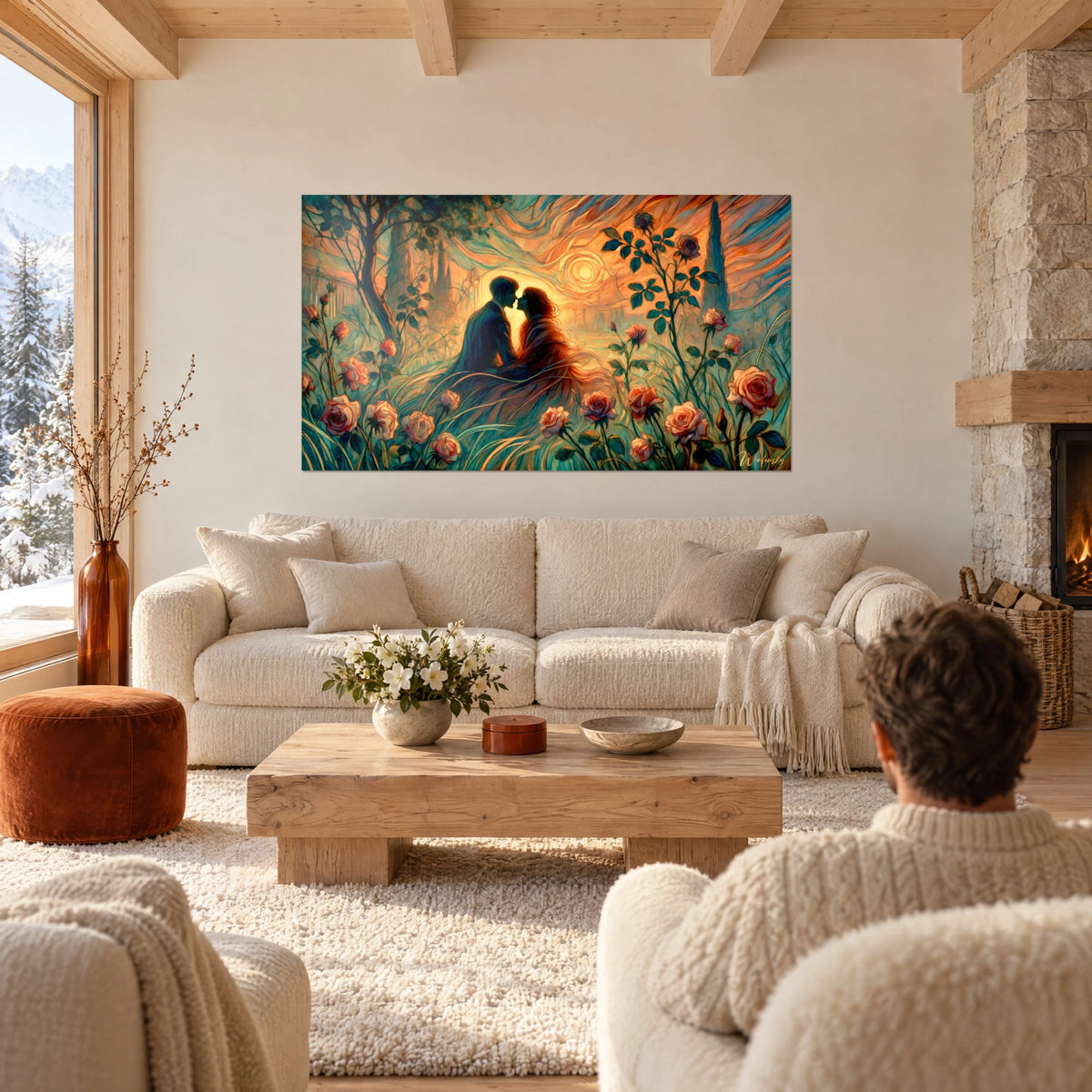 Wall art of a couple kissing in a rose garden, orange and teal sky, seen from behind, above a sofa in a bright living room