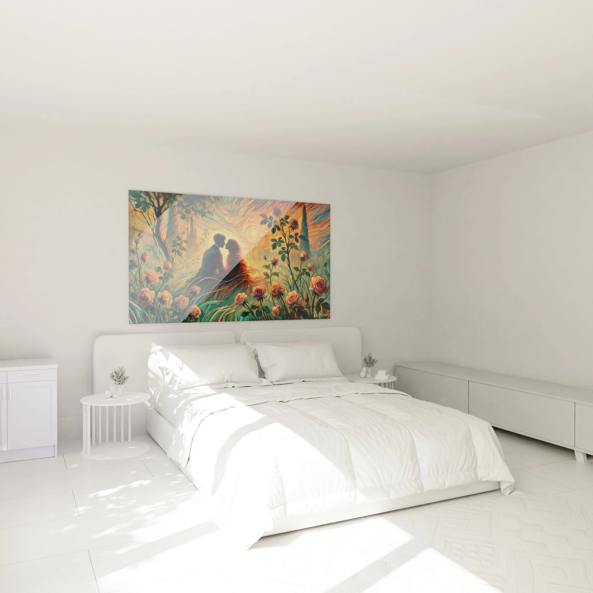 Accroche au dessus d un lit ce tableau romantique transforme votre chambre en un espace de reve et de contemplation Ses couleurs chaudes et sa scene evocatrice invitent a la serenite

