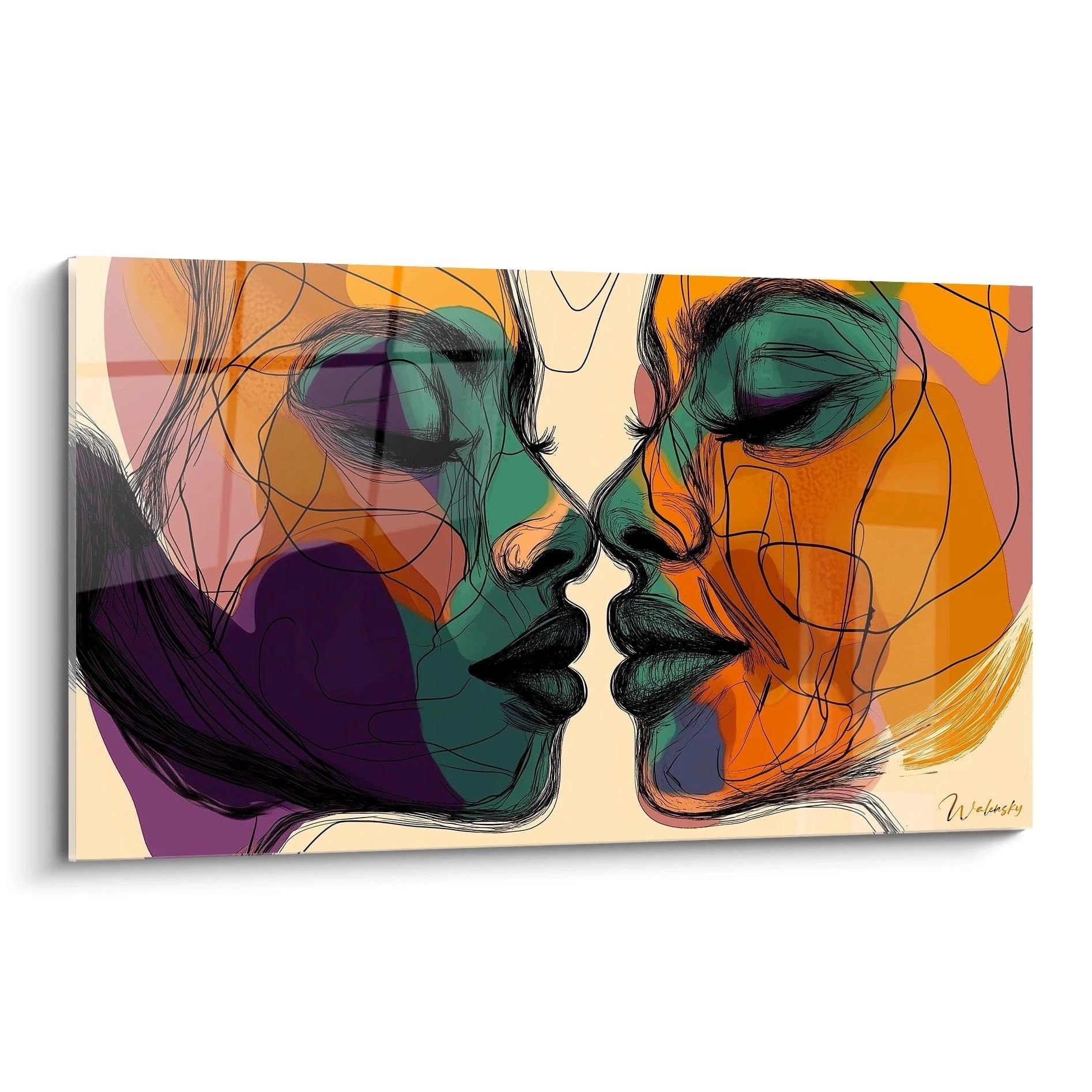 Un tableau visage abstrait présentant deux profils face à face, aux yeux clos, avec des traits fins noirs sur fond de zones colorées orange, vert et violet. Les contours expressifs et les couleurs contrastées créent une impression d'intimité et de dualité.
