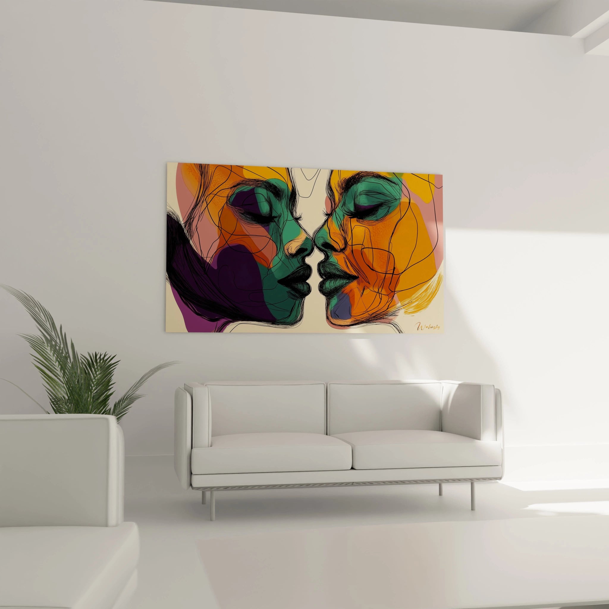 Un tableau visage abstrait représentant une composition symétrique de deux visages aux traits épurés. Les couleurs vives - orange, vert et violet - sont délimitées par des lignes noires fines et précises, créant un contraste saisissant sur fond beige clair.

