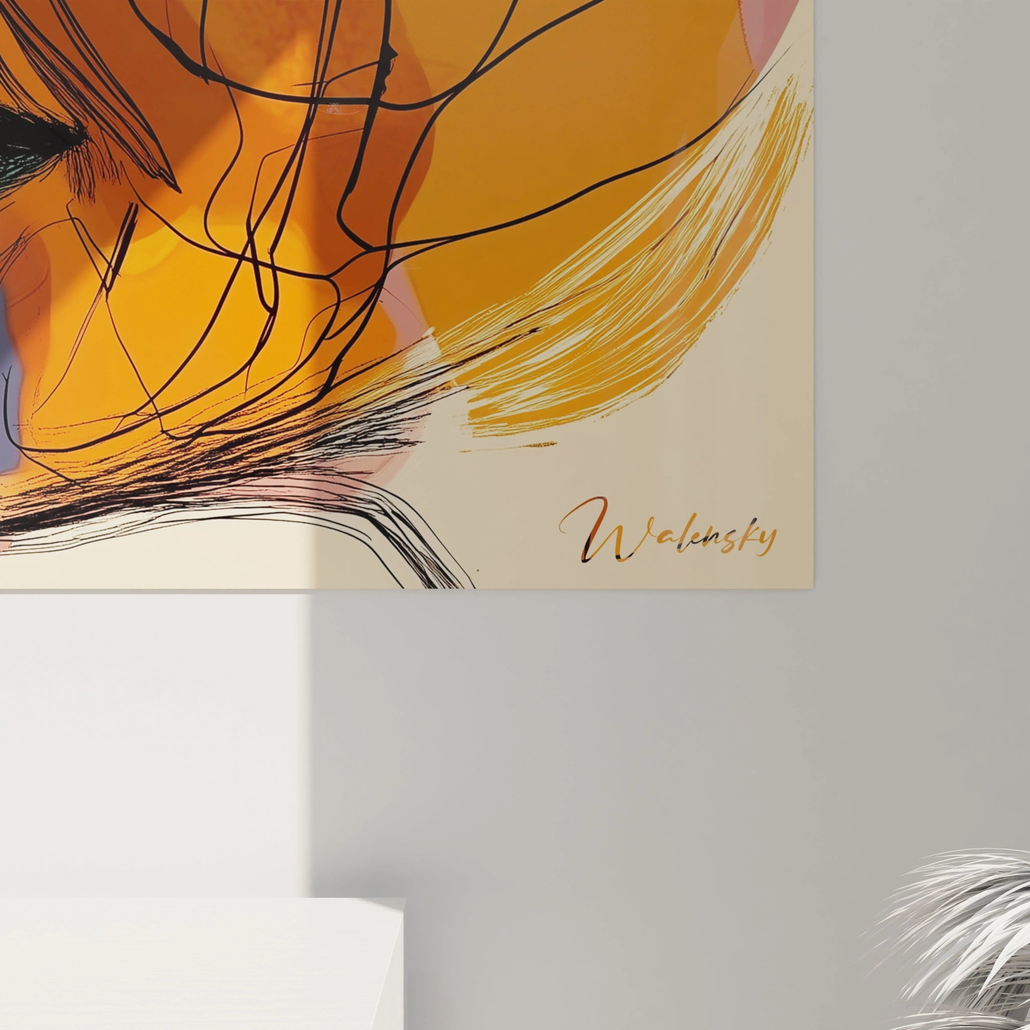 Un tableau visage abstrait illustrant la rencontre de deux profils délimités par des traits noirs fins et nerveux. La palette associe orange vibrant, vert émeraude et violet profond dans des zones distinctes mais fluides, sur un fond neutre lumineux.
