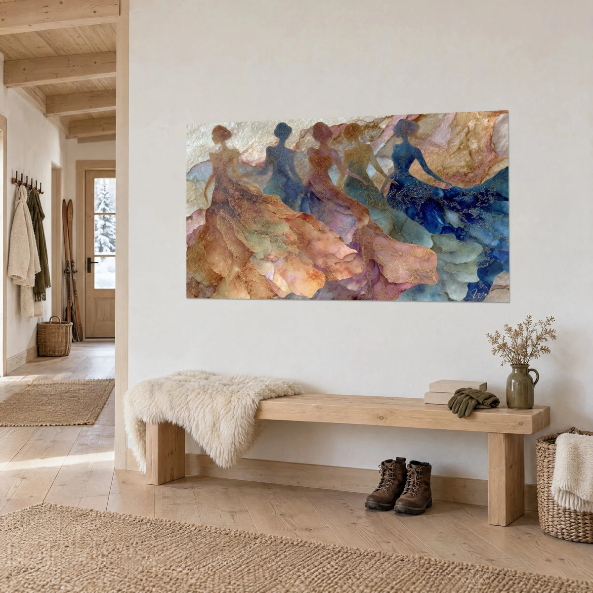 Wall art dancers in copper and powder pink crinolines, gold interlacing on marbled paper, in a chalet entryway