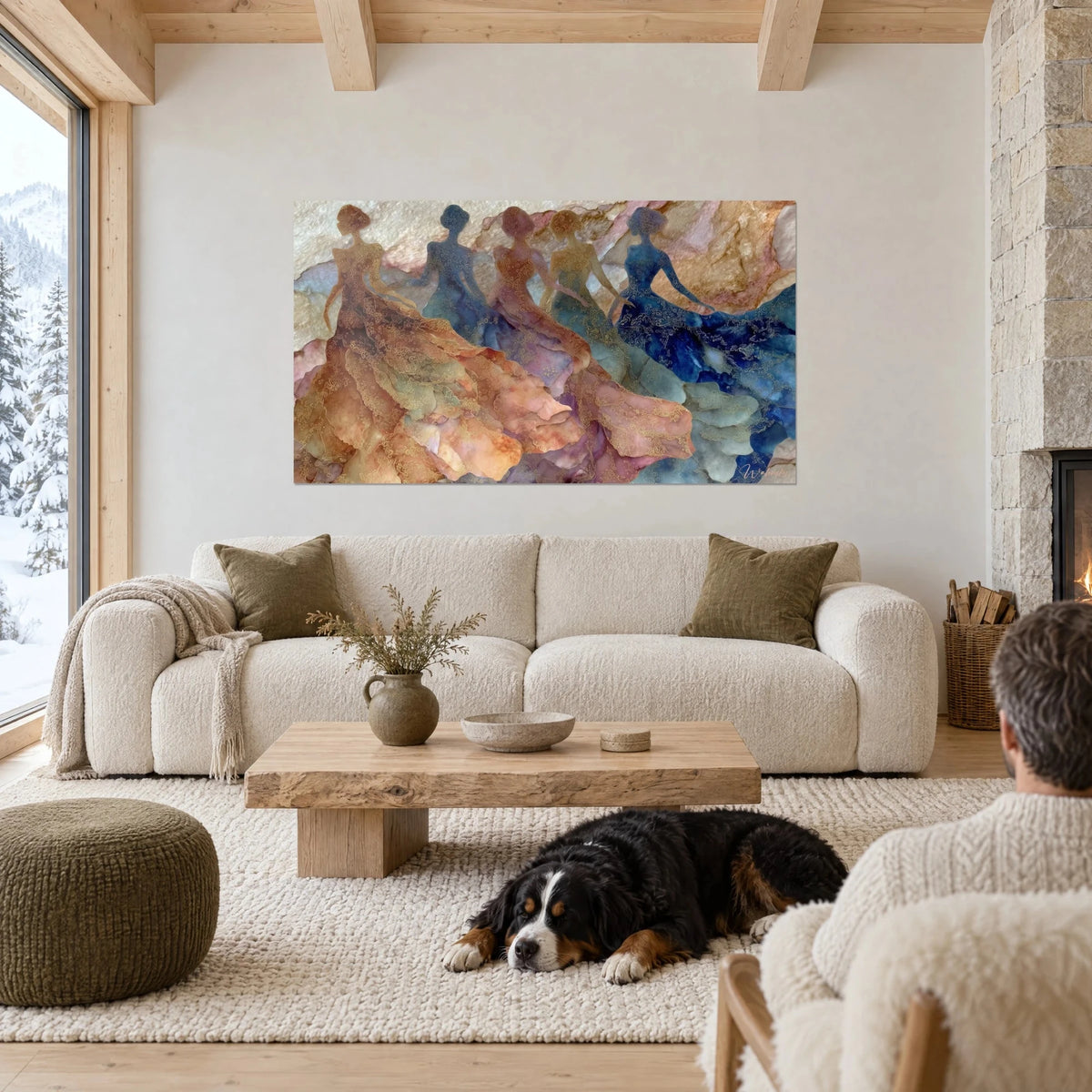 Wall art five silhouettes in ochre and midnight blue ball gowns, gold motifs, above a sofa in a bright living room