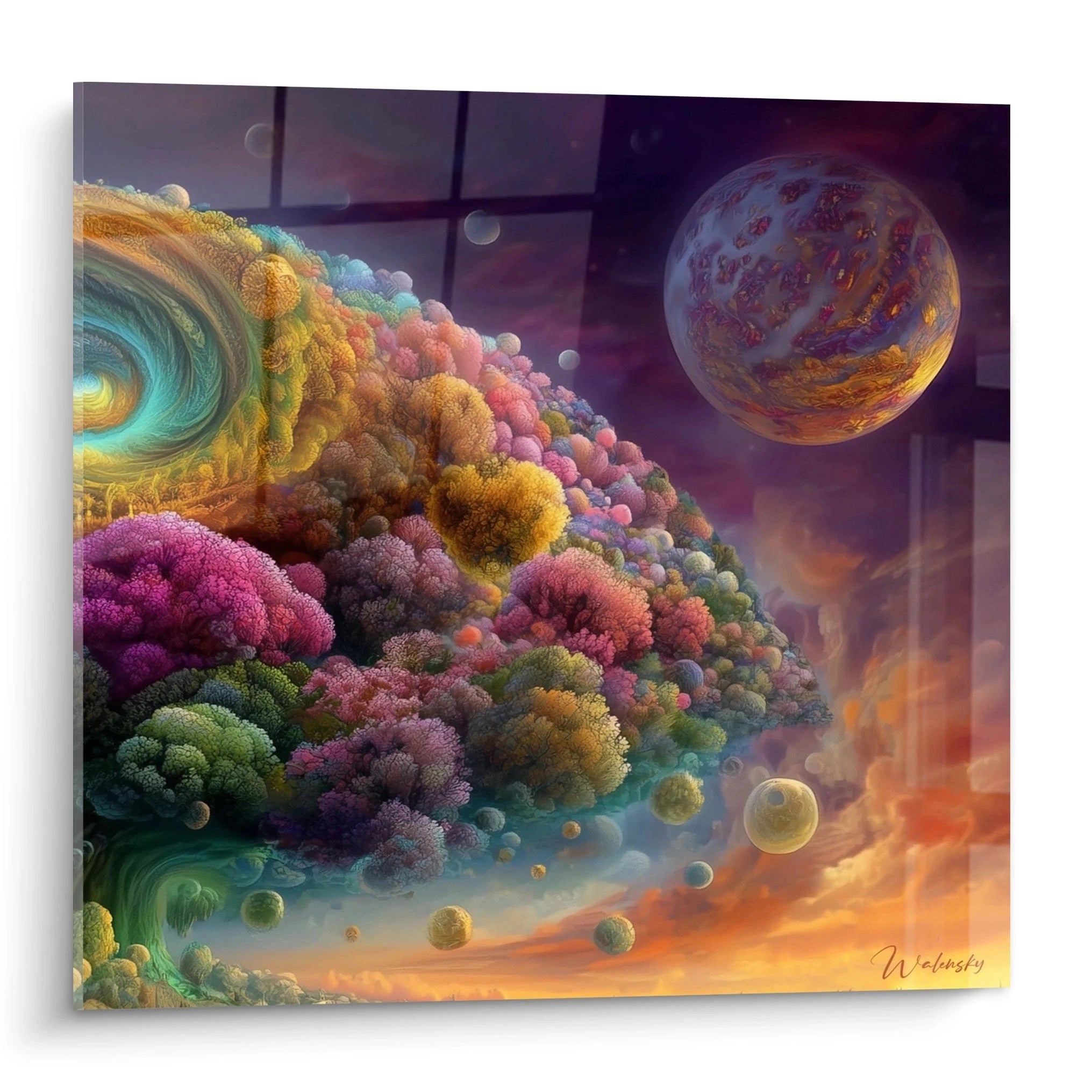 Walensky tableau cosmique surréaliste représentant une planète colorée et nuages fractals pour déco murale moderne