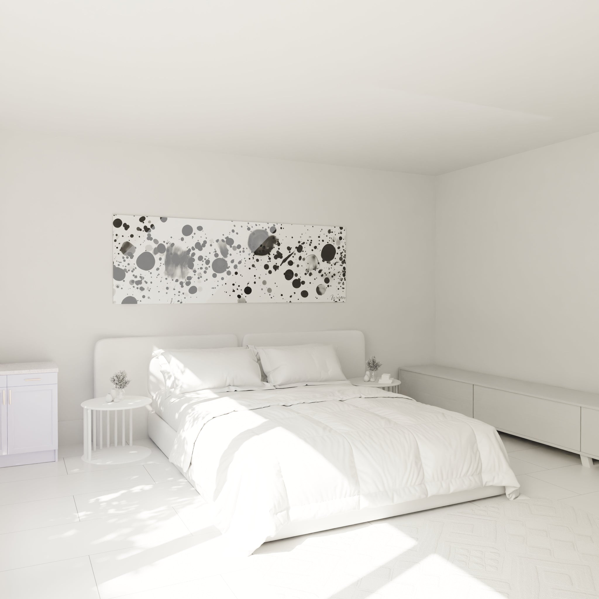 Tableau tacheté noir et blanc Walensky au-dessus d'un lit dans une chambre minimaliste