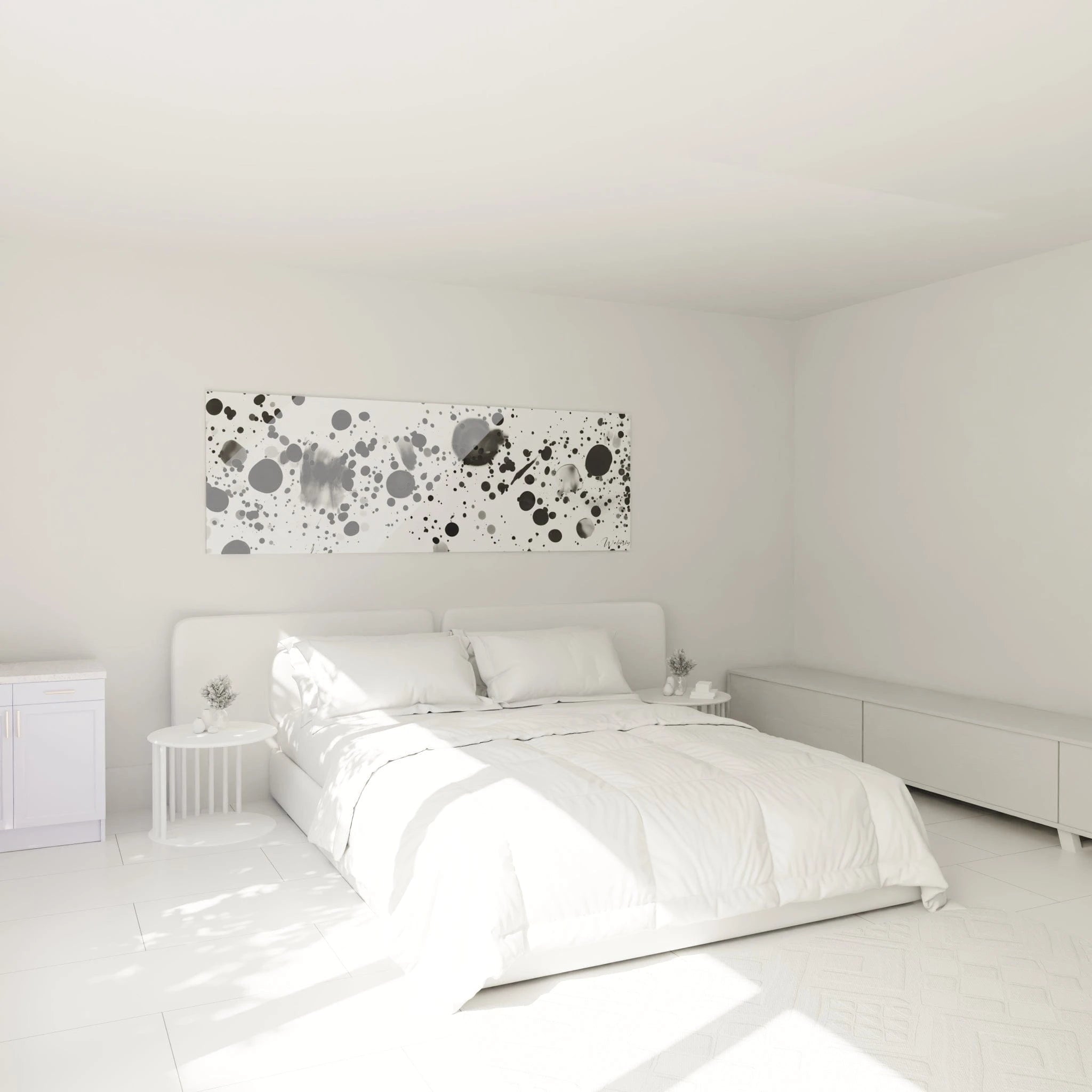 Tableau tacheté noir et blanc Walensky au-dessus d'un lit dans une chambre minimaliste