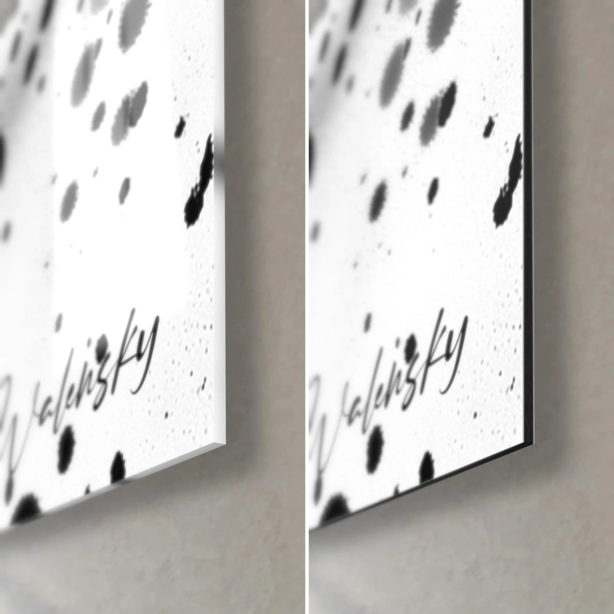 Wall art with black and white ink rain, bottom right corner: glossy glass on the left, matte grey Dibond on the right, Walensky signature