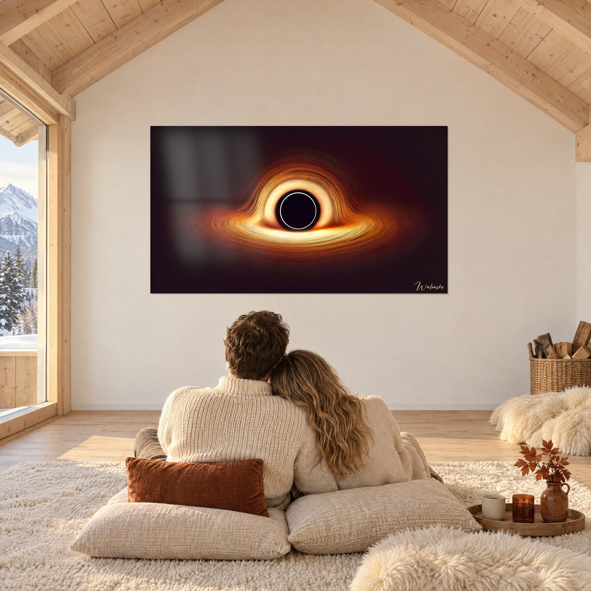 Gemälde Schwarzes Loch als Wirbel aus honigfarbenem und kupferfarbenem Licht, ein Paar von hinten auf weißen Kissen in einem Bergchalet