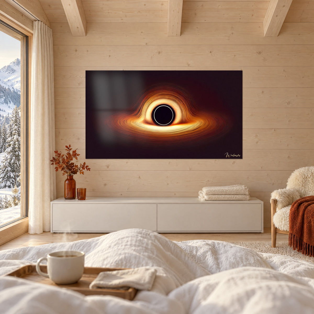 Gemälde Singularität umringt von einem weißen Ring und orangefarbenen Schwaden auf braunem Grund, über einem Bett in einem hellen Schlafzimmer