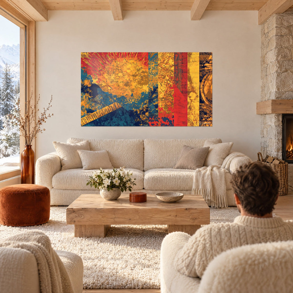 Tableau soleil orangé aux rayons rouges, bandes verticales jaunes et fond bleu pétrole, au-dessus d'un canapé dans un salon lumineux