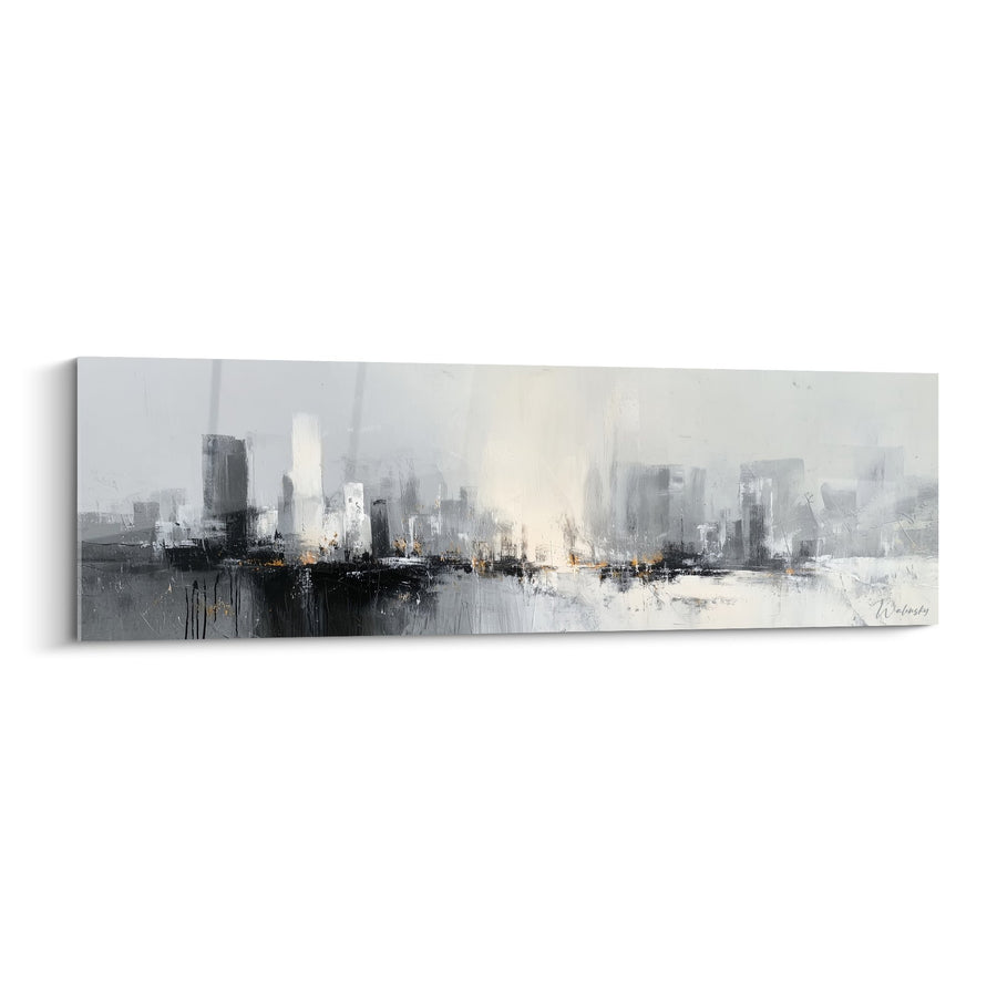 Tableau Paysage Urbain Gris et Blanc Abstrait - Métropole Brumeuse - Edition Feng shui Ouest Métal