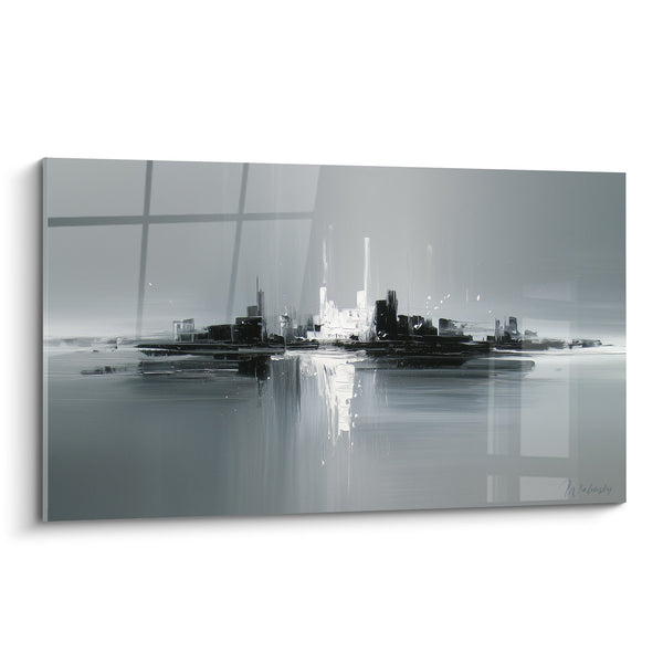 Tableau Paysage Urbain Abstrait Gris et Blanc Reflets Aquatiques - Horizon Métallique - Edition Feng shui Ouest Métal