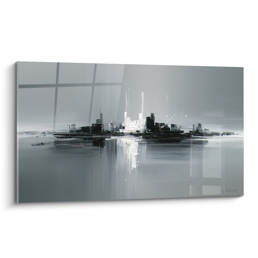 Tableau Paysage Urbain Abstrait Gris et Blanc Reflets Aquatiques - Horizon Métallique - Edition Feng shui Ouest Métal